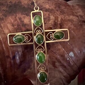 Vintage GF and Jade Stamped CC Catamore Company Large Cross Pendant With Chain